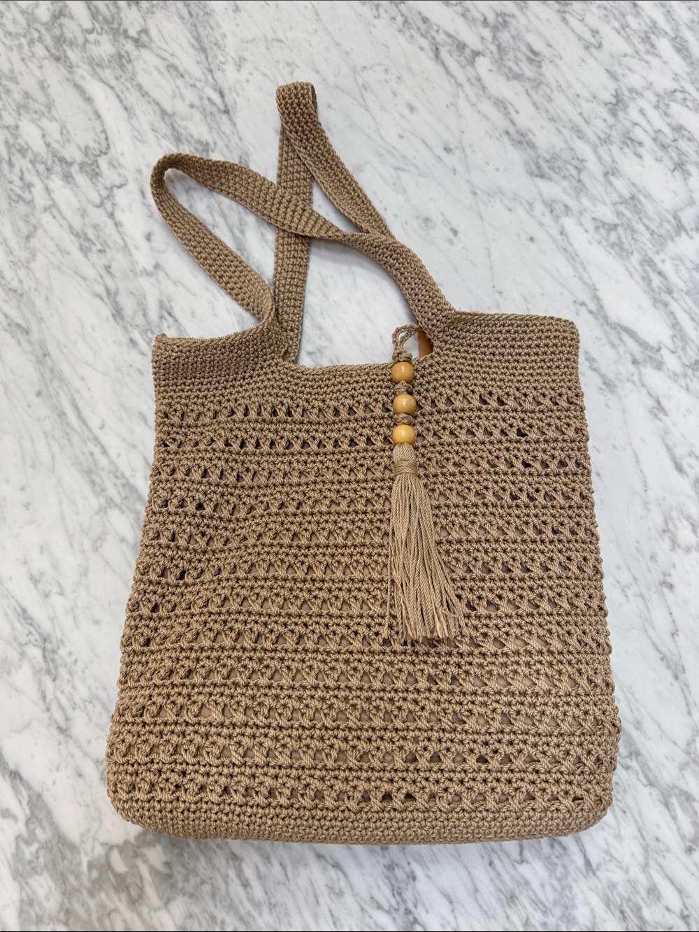 Tommy Bahama Tan Crochet Tote with Tassel and Wooden Beads